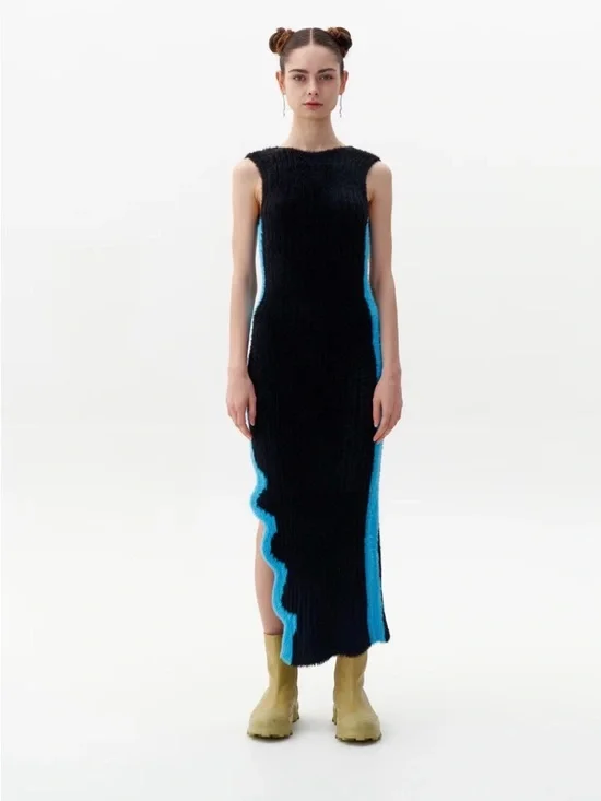 NWT PH5 Faux Fur Reversible Ribbed Midi Dress with Blue Wave Trim - Picture 4 of 9